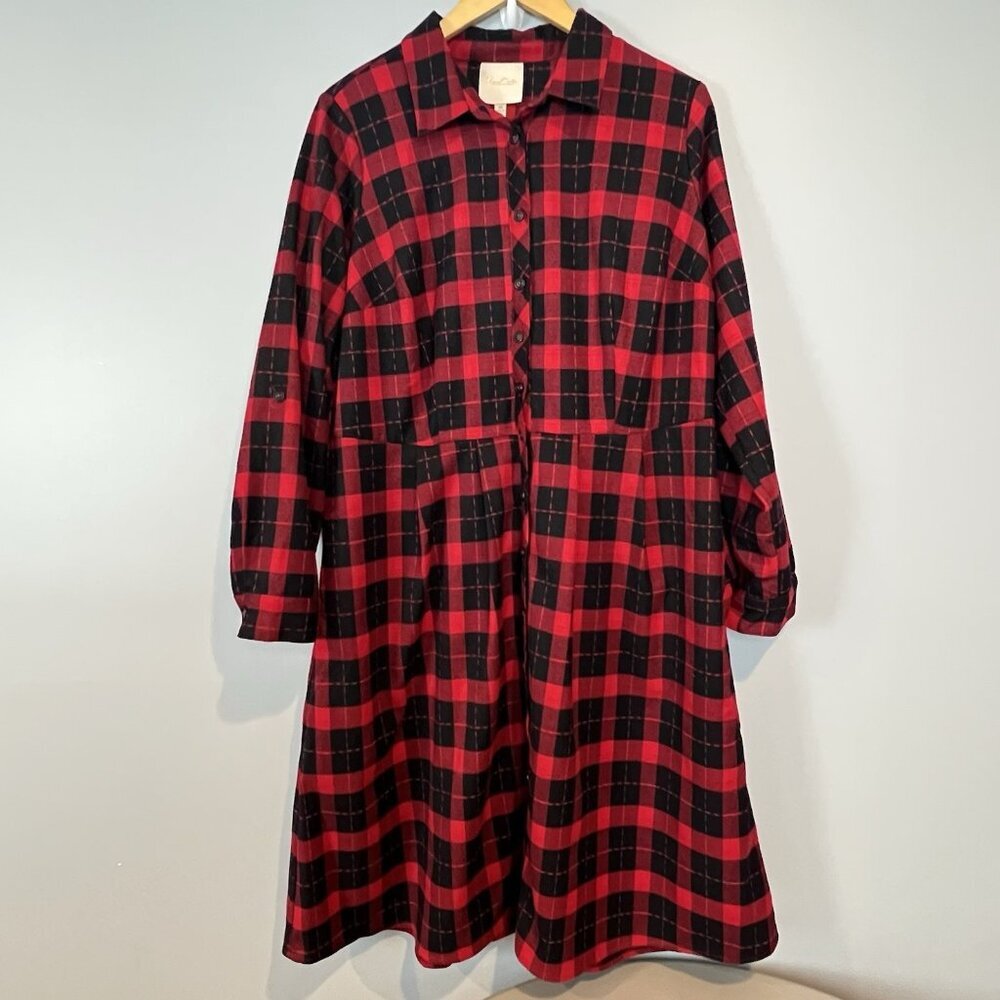 Modcloth Shirt Dress Women's Size 1X Red Black Buffalo Plaid Flannel Cotton